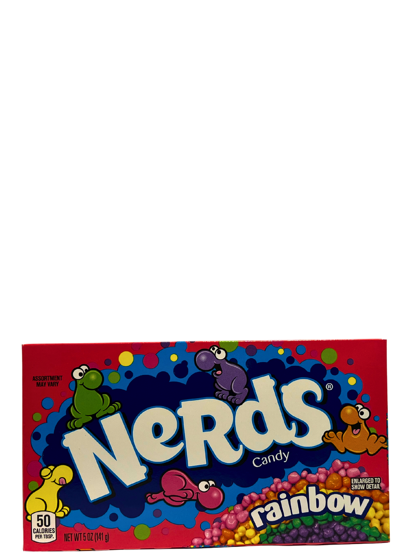 Rode doos Nerds Rainbow snoep met kleurrijke korreltjes en cartoonfiguren.