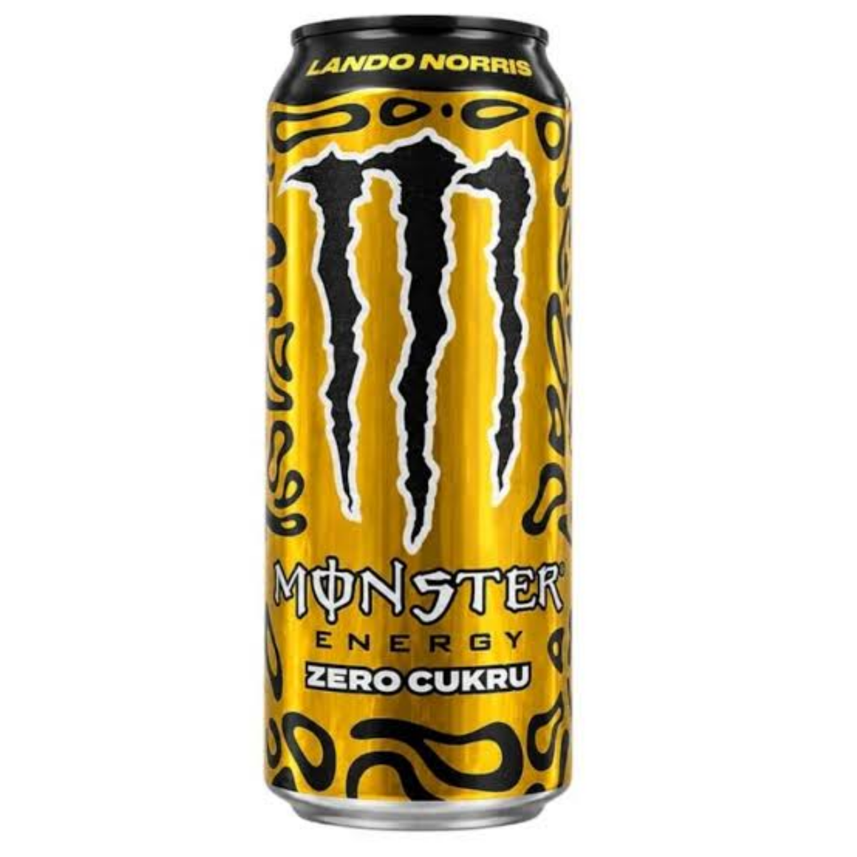 Blik Monster Energy Lando Norris Zero Sugar met geel-zwart patroon en Monster-logo op een witte achtergrond