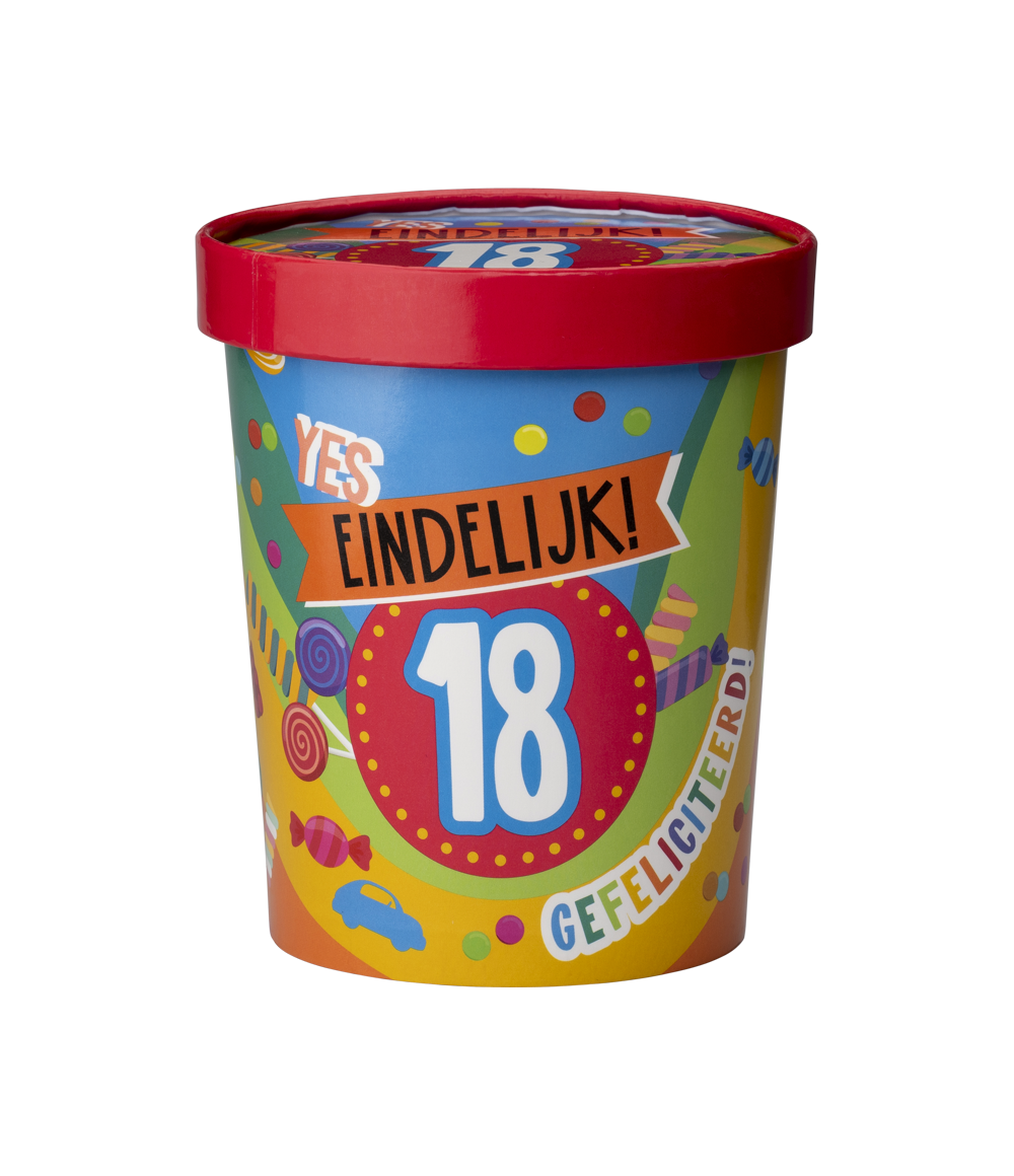 Candy Bucket 18 jaar met rood deksel en kleurrijke opdruk ‘Yes eindelijk! 18’.