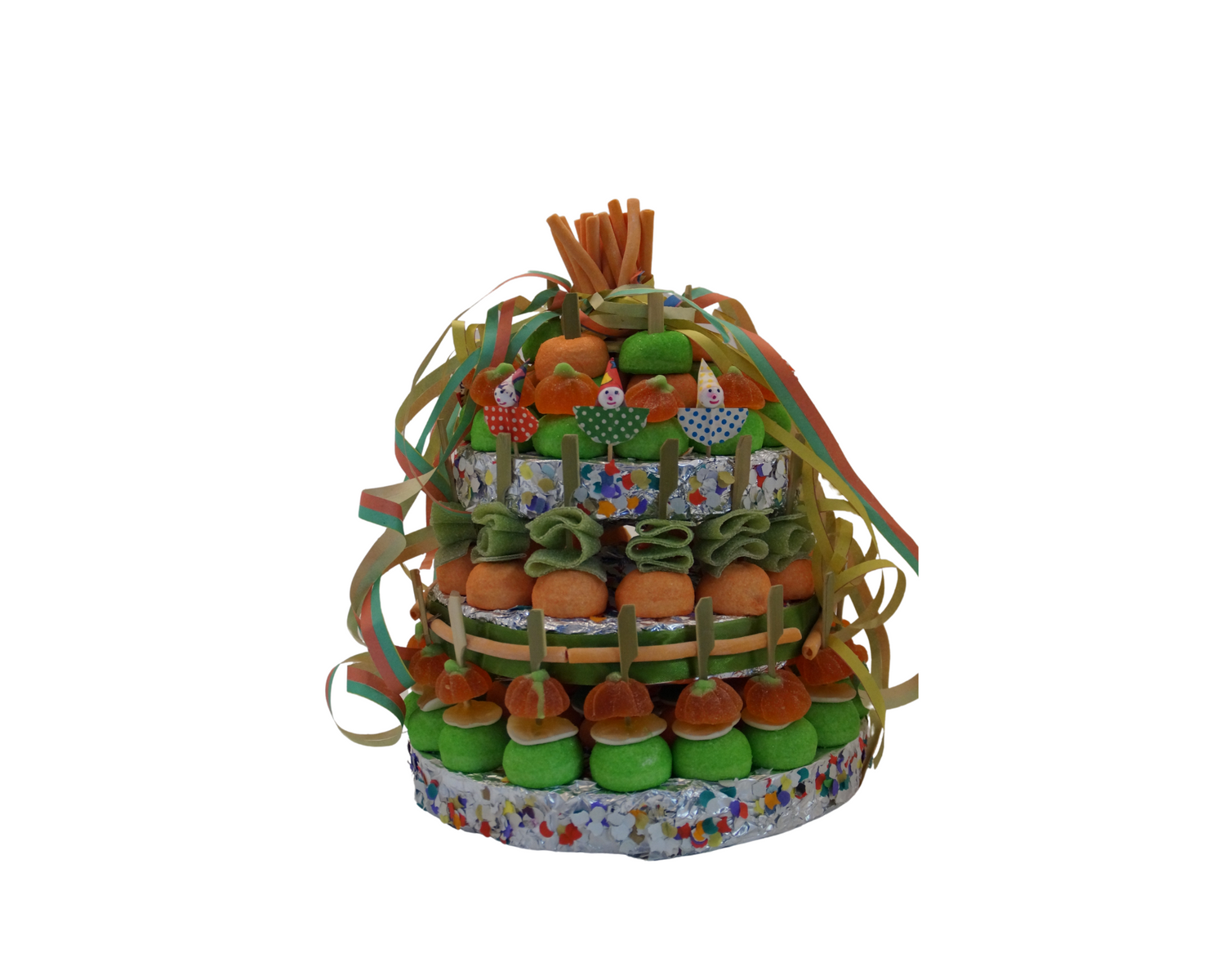 Carnavalssnoeptaart gemaakt van kleurrijke snoep, perfect cadeau voor carnavalsfeest of themafeest