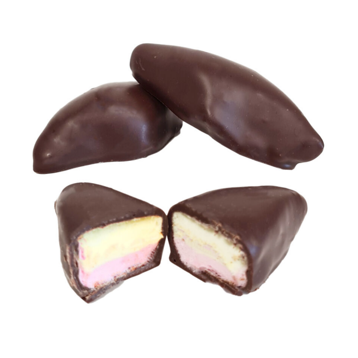 Spekjes omhuld met pure chocolade, met een doorgesneden spekje dat de roze en witte binnenkant laat zien.