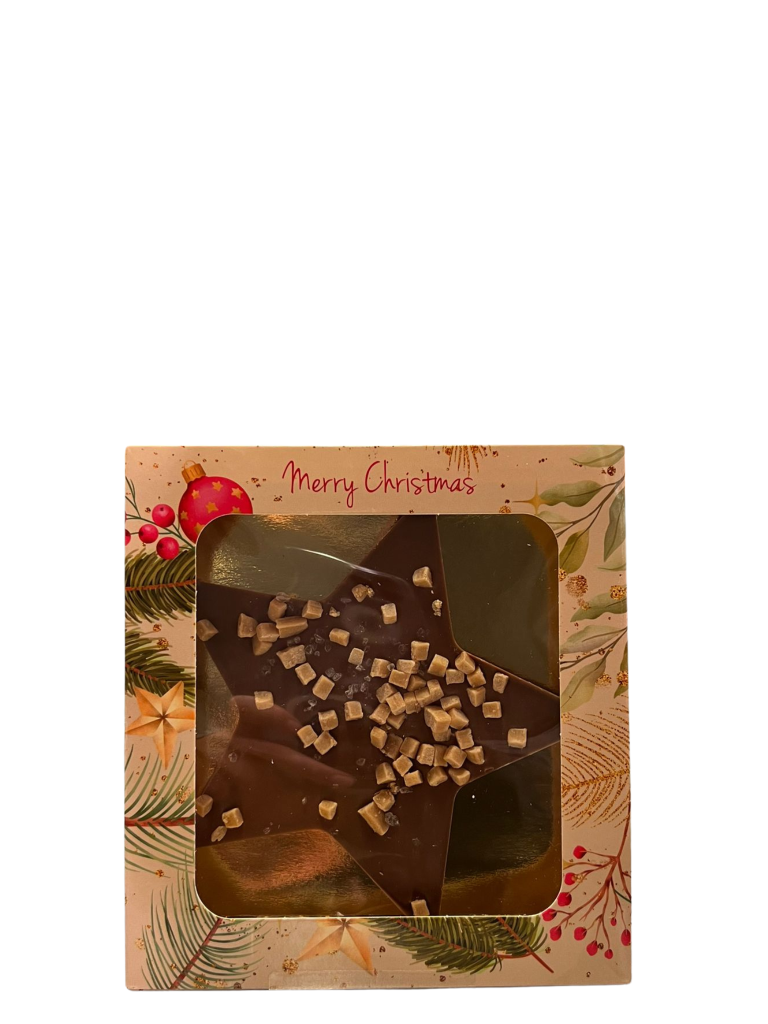 Kerstster van melkchocolade met karamel en zeezout in feestelijk geschenkdoosje, 80 gram
